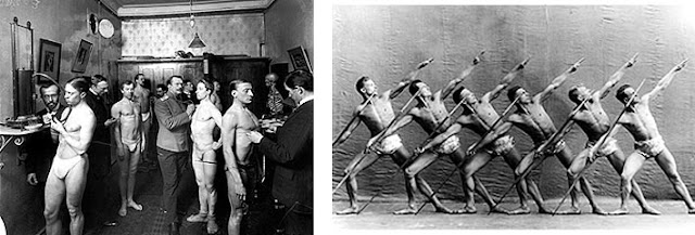 Left: Medical inspection (or medical study), 1900s. Right: Group with poles, 1900s