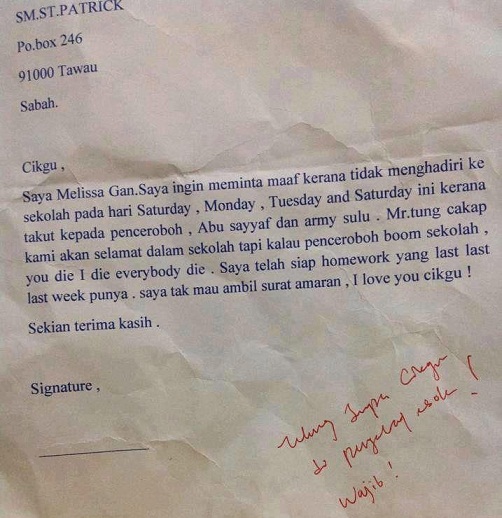 Surat minta maaf pelajar kepada cikgu kerana takut penceroboh Sulu 