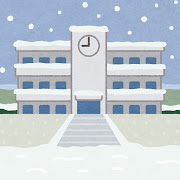 雪が降る学校の建物のイラスト（背景素材）