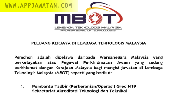 Jawatan Kosong di Lembaga Teknologis Malaysia (MBOT)
