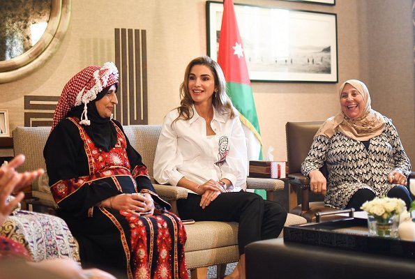 Queen Rania wore a silk embroidery blouse from Alena Akhmadullina Resort18 collection. Russian boyarina style