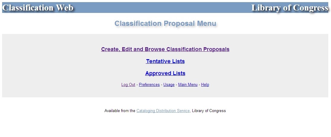 LCC Classification Proposal Menu – Classification Web