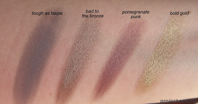 maybelline color tattoo swatches - tough as taupe, bad to the bronze, pomegranate punk, bold gold