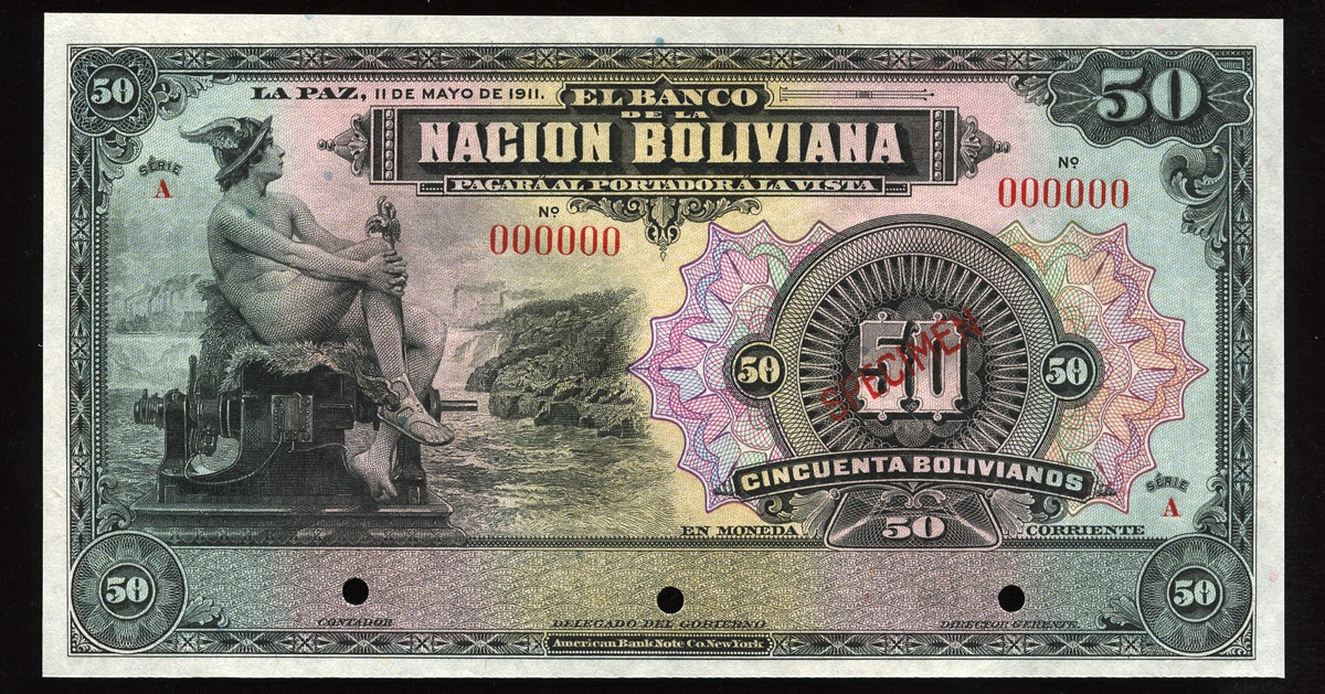 Bolivia 50 Bolivian Bolivianos banknote 1911 MercuryWorld Banknotes & Coins Pictures Old