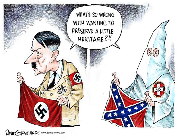 Hitler holding Nazi flag and Klansman holding the Stars and Bars, both asking, 