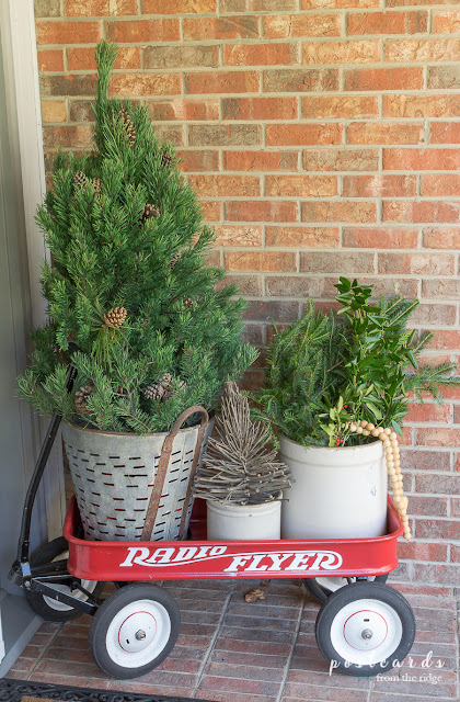red wagon with Christmas tree and branches