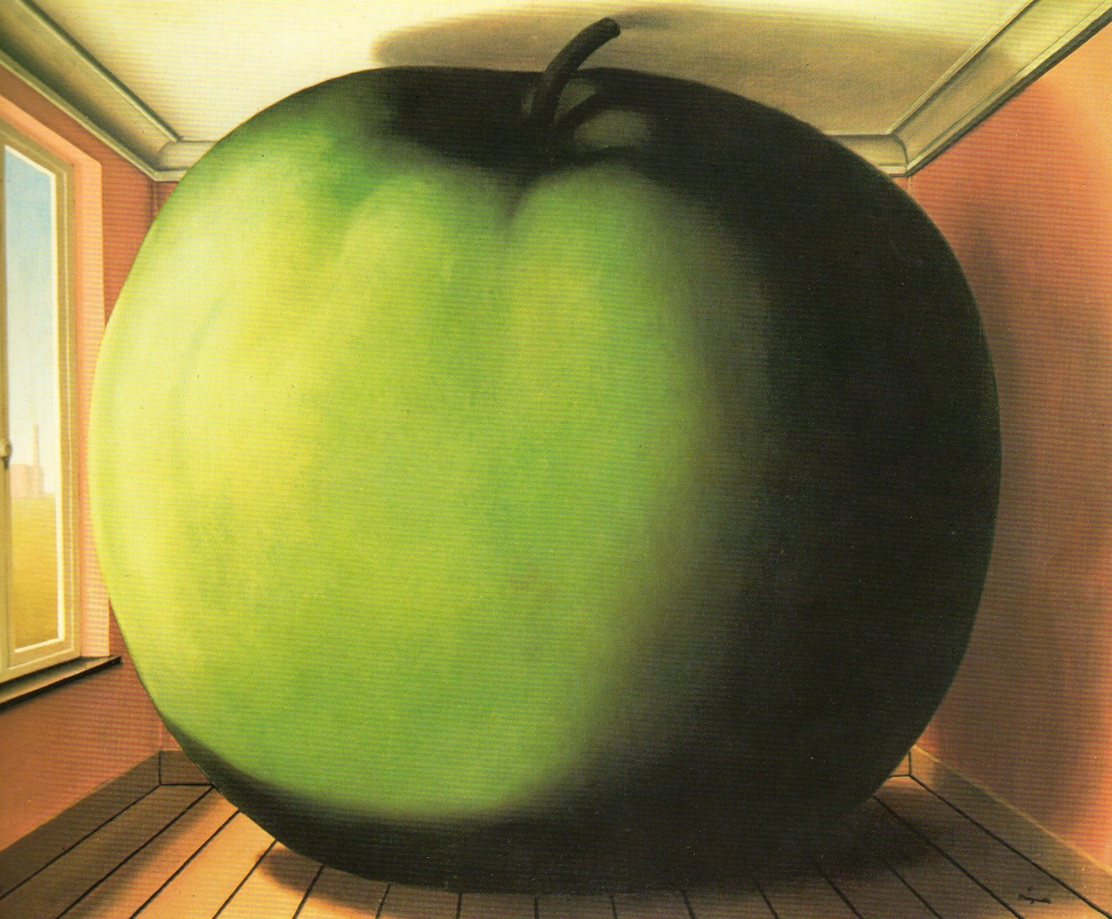 Что означает картина. Рене Магритт яблоко в комнате. Слуховая комната Рене Магритт. Зеленое яблоко Рене Магритта. Магритт комната.