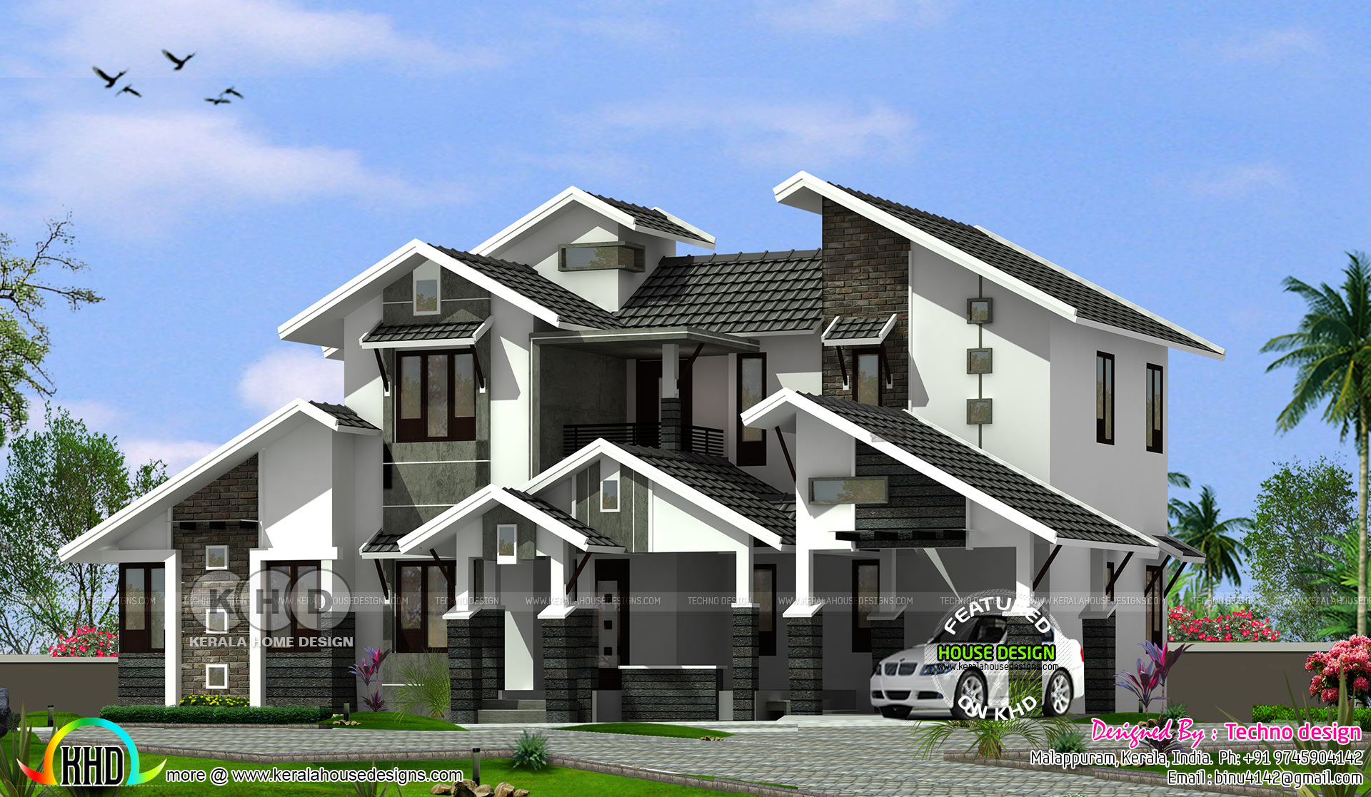 4 bedroom sloping and slanting roof house Kerala home design and