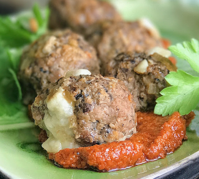 The Yum Yum Factor Manchego Stuffed Smoky Meatballs with Romesco