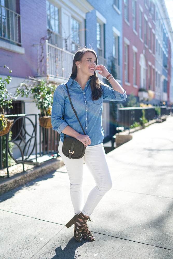 Krista Robertson, Covering the Bases,Travel Blog, NYC Blog, Preppy Blog, Style, Fashion, Fashion Blog, Travel, NYC, West Village, NYC Townhouses, White Jeans, Denim Shirts, Army Green Accessories, Spring Looks