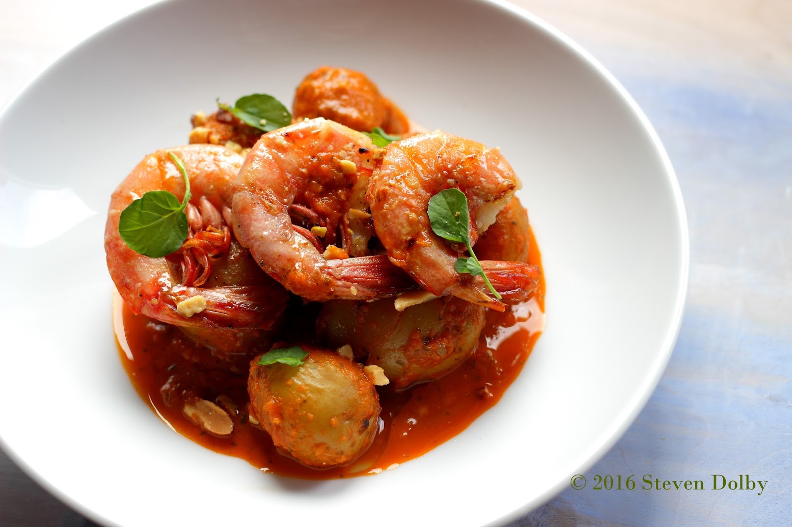 Royal Red Shrimp and Potatoes with Red Pepper Mint Sauce by Steven Dolby