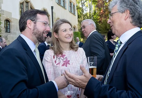 Duke Henri, Maria Teresa, Prince Guillaume and Princess Stephanie at a reception. Maria Teresa wore blue dress, Stephanie wore Prada floral dress