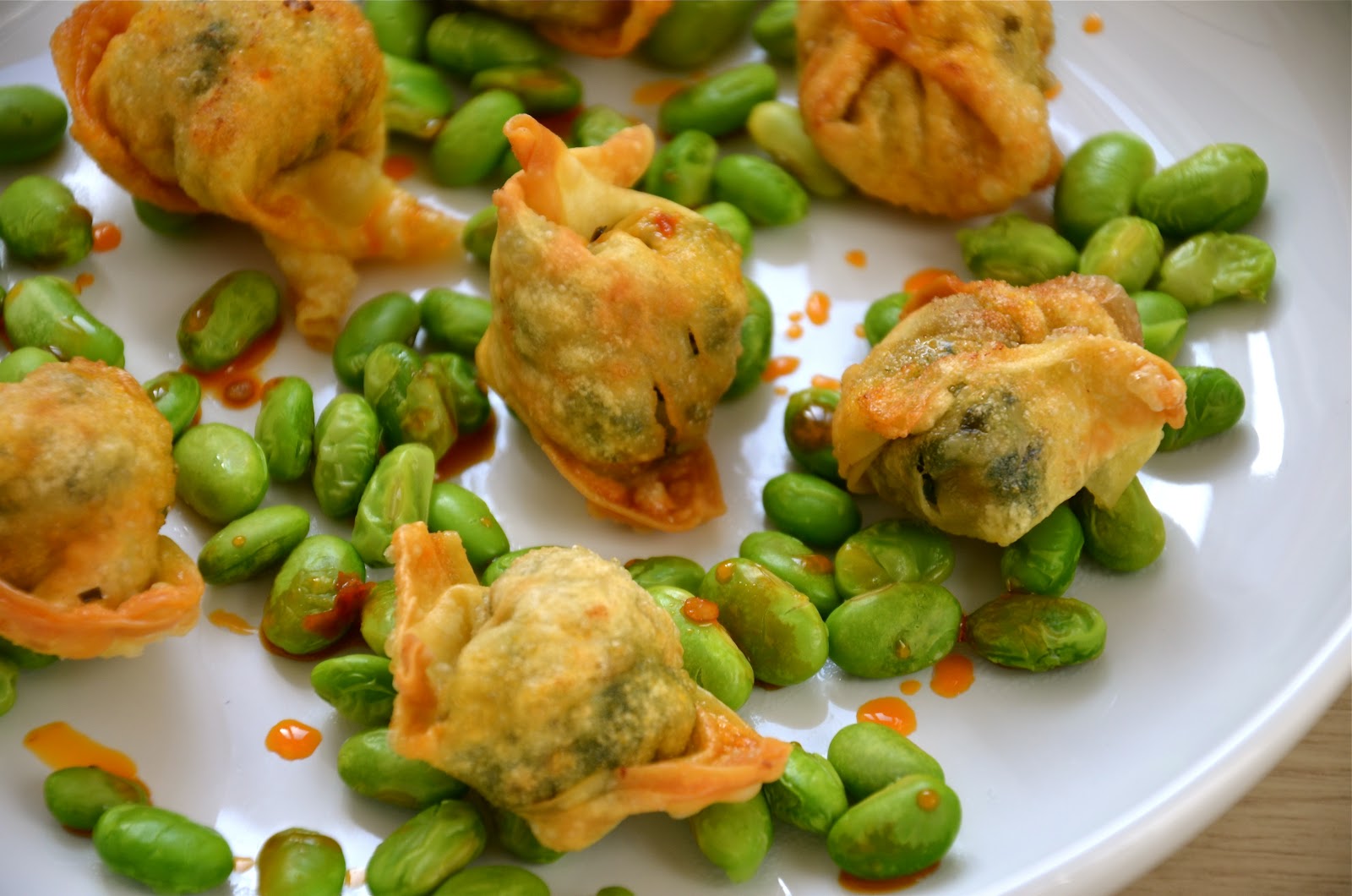 CRISPY VEGAN WONTONS WITH EDAMAME + CHILI OIL