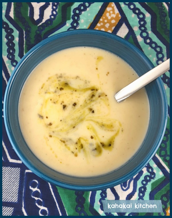 Kahakai Kitchen Creamy Celery Root Soup with Pesto Swirl for Souper (Soup, Salad, & Sammie