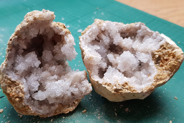 Opened quartz geode showing crystals inside