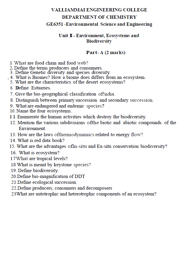 GE6351 Environmental Science and Engineering Important Questions 2015
