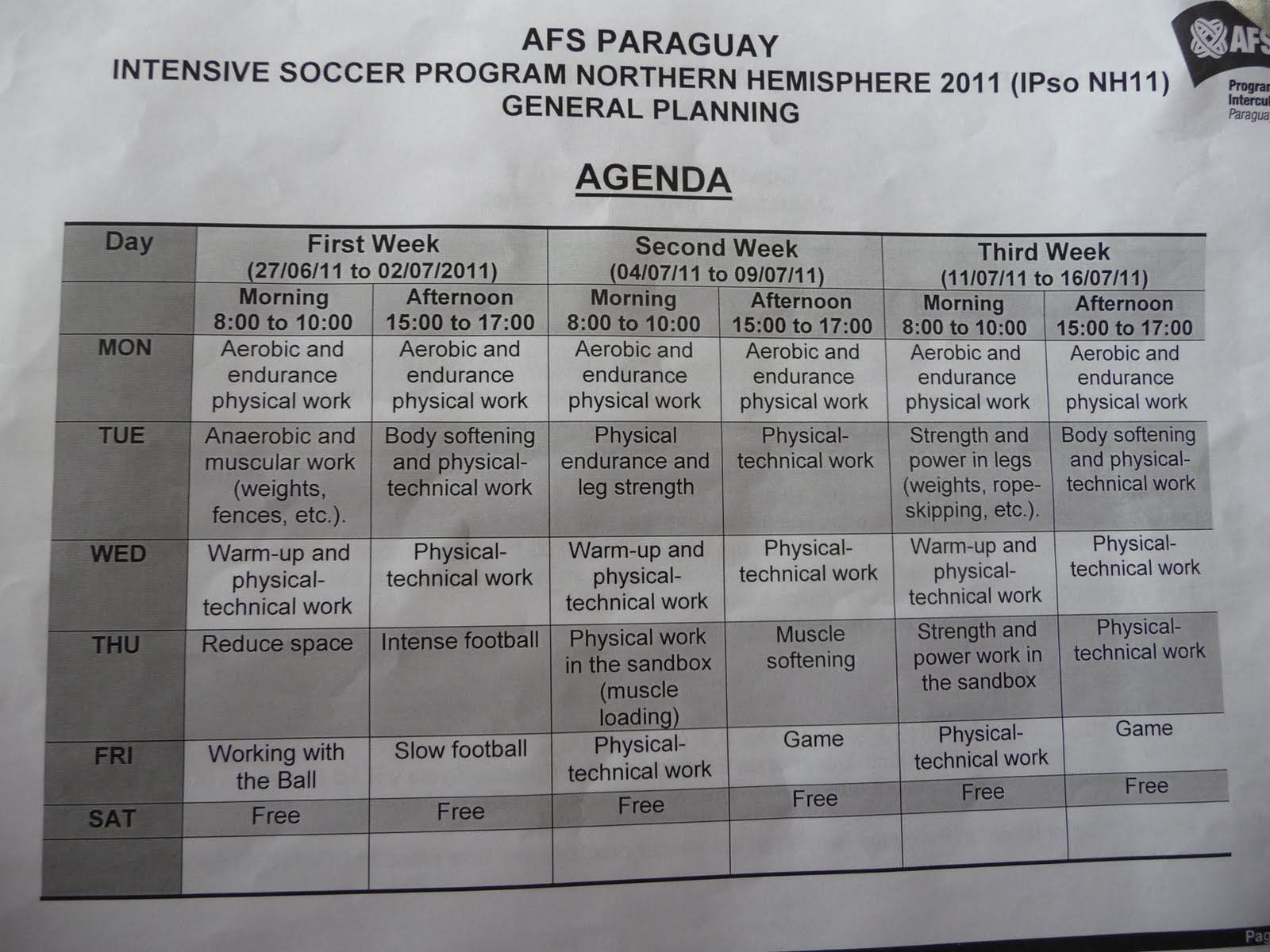 Paraguay, Summer 2011 Soccer Training Schedules