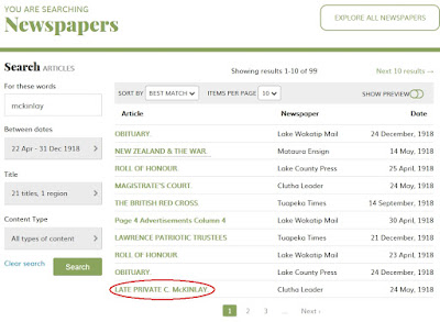 Search results from Papers Past for "McKinlay", in the Otago region between 22 Apr 1918 and 31 Dec 1918.