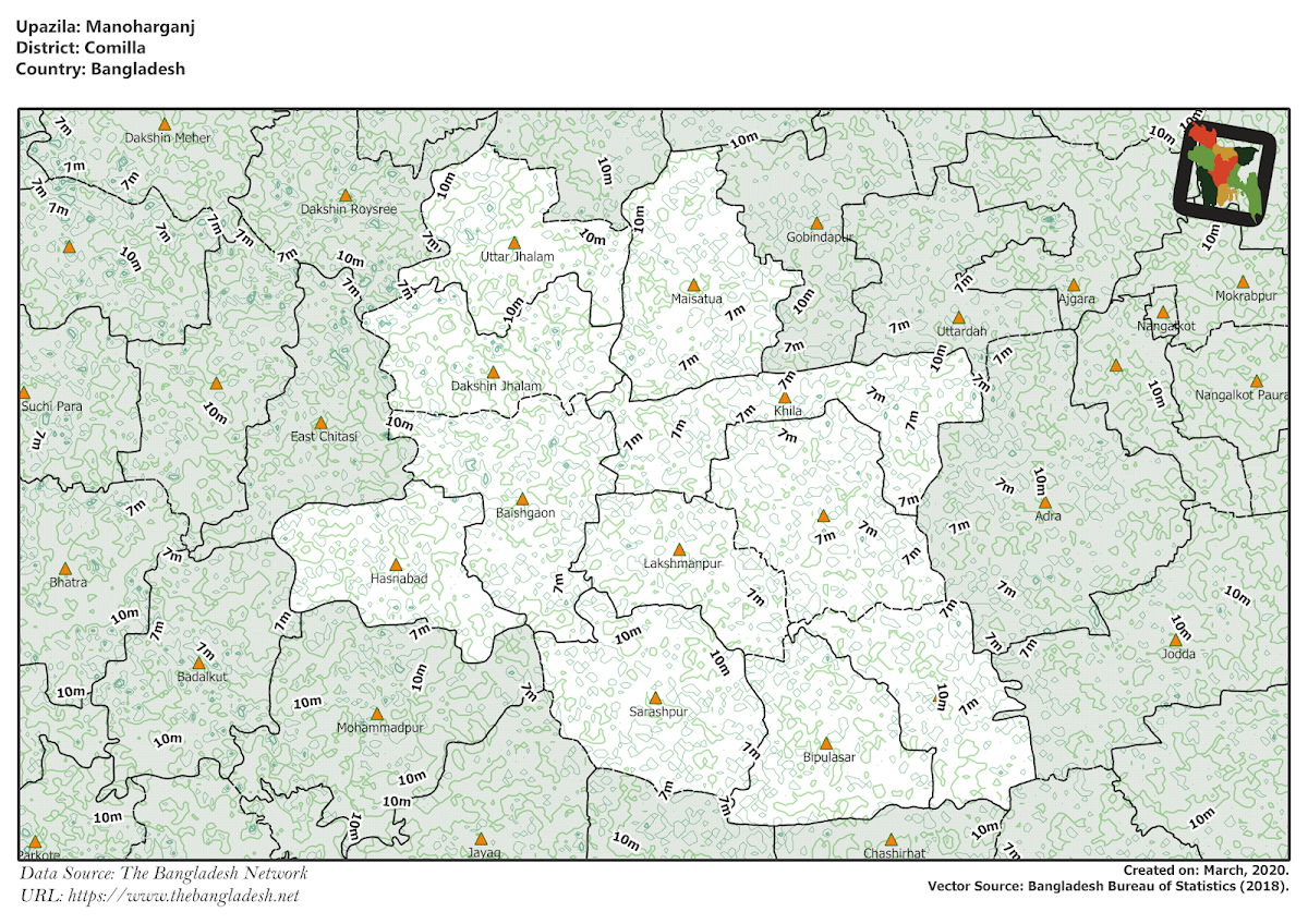 Monohargonj Upazila Elevation Map Comilla District Bangladesh