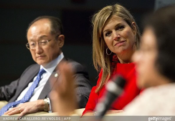 President of the World Bank Group, Jim Young Kim (L), and Queen Maxima of the Netherlands (C) watch Chairman of the State Bank of India, Arundhati Bhattacharya, speak during a meeting for 'Universal Financial Access 2020' at the IMF/WB Spring Meetings in Washington, DC