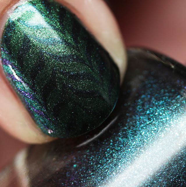 Moonflower Polish Celes-teal stamped over Sirena using the Hehe 40