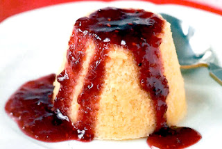 Strawberry Sponge Pudding: Classic individual baked sponge pudding topped with strawberry jam