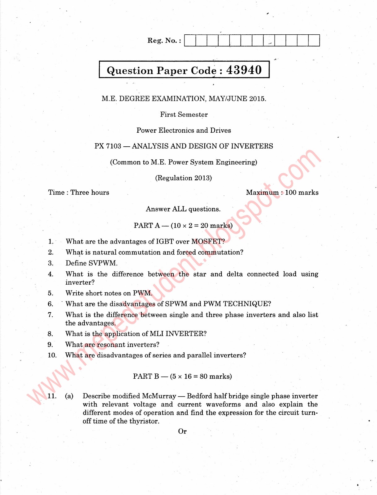 ME POWER ELECTRONICS AND DRIVES MODEL QUESTION PAPER S PX7103 Analysis