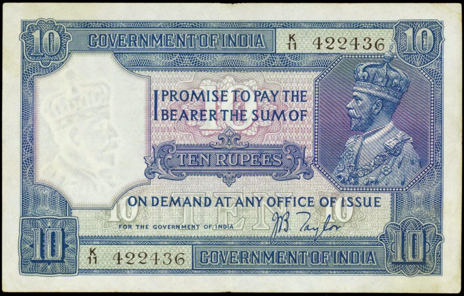 British India notes 10 Rupees banknote King George V