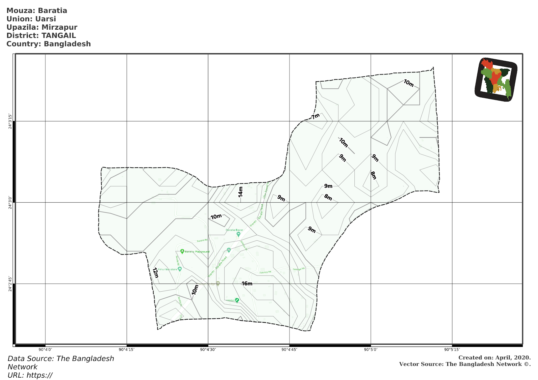 Map of Baratia Mouza of Mirzapur Upazila, TANGAIL, Bangladesh.