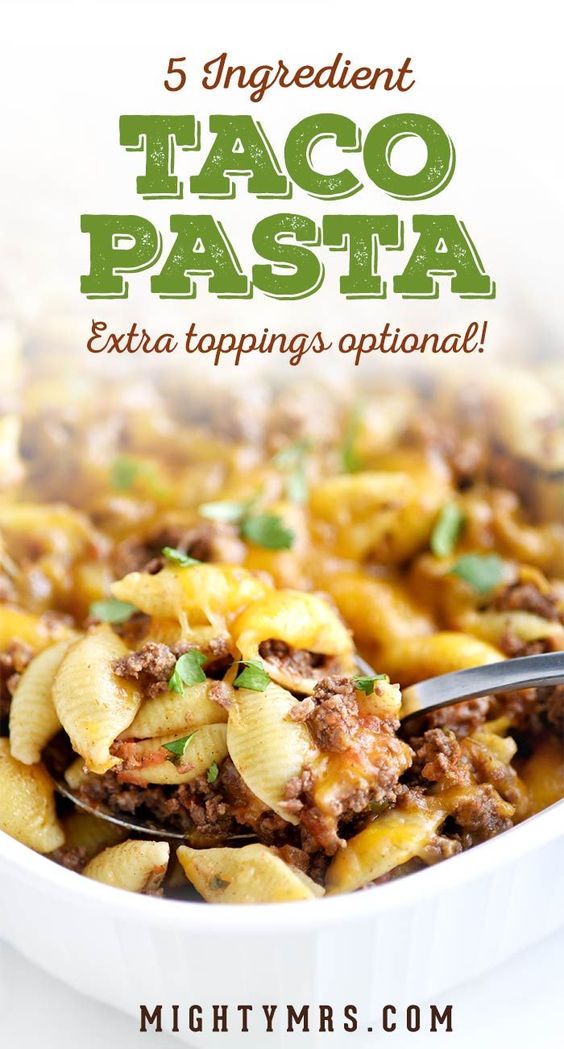This 5-ingredient, cheesy taco pasta casserole is one of those tried and true recipes you can doctor up according to what you have on hand or enjoy it as an easy weeknight dinner without all the extras. It’s great in it’s basic form, but it’s also really versatile. I’m going to show you how to make this taco pasta casserole in it’s most basic form and then give you some ideas for ways to change it up — make it healthier, fancier, and even yummier. How many people will this taco pasta casserole feed? This is a BIG casserole. 