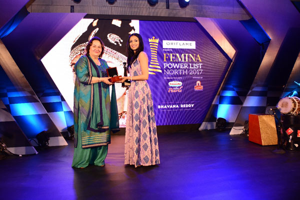 Additional solicitor general of India Pinky Anand presenting the award to Kutchipudi dancer Bhavana Reddy at Femina Power List Award North 2017