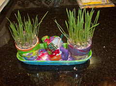 Casey & Rebecca painted an indoor garden and we grew, well, grass.  Can you see the garden tools?