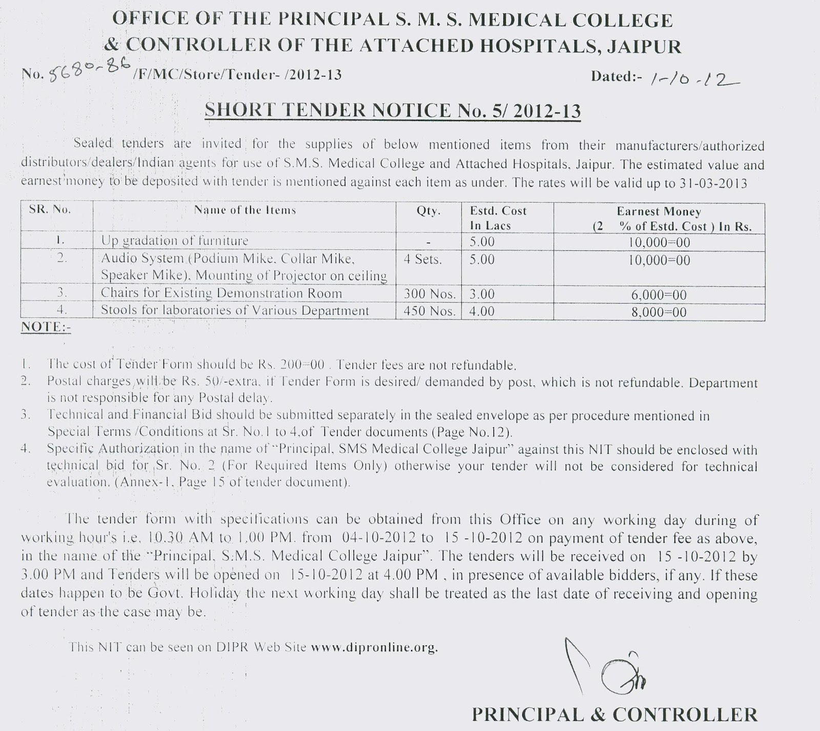 All Tenders Information SMS Medical College & Controller of hospital