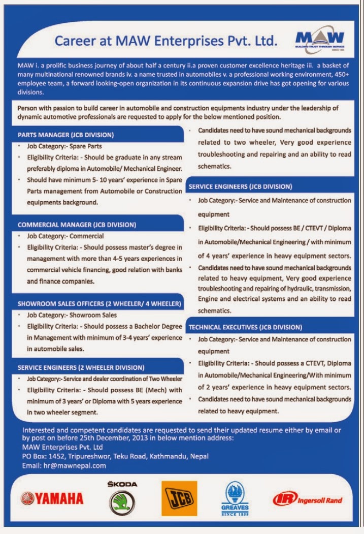 Various Engineering Positions Vacancy MAW Enterprises Pvt. Ltd