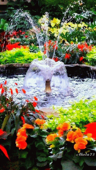 Bella Animación de una fuente de agua con hermosas flores. gif