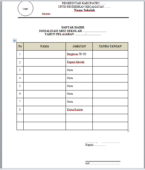 Contoh Daftar Hadir Rapat Sosialisasi Misi Sekolah - SEO SUNDA