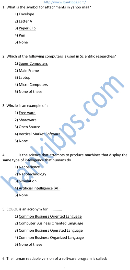 computer objective questions with answers for bank clerk