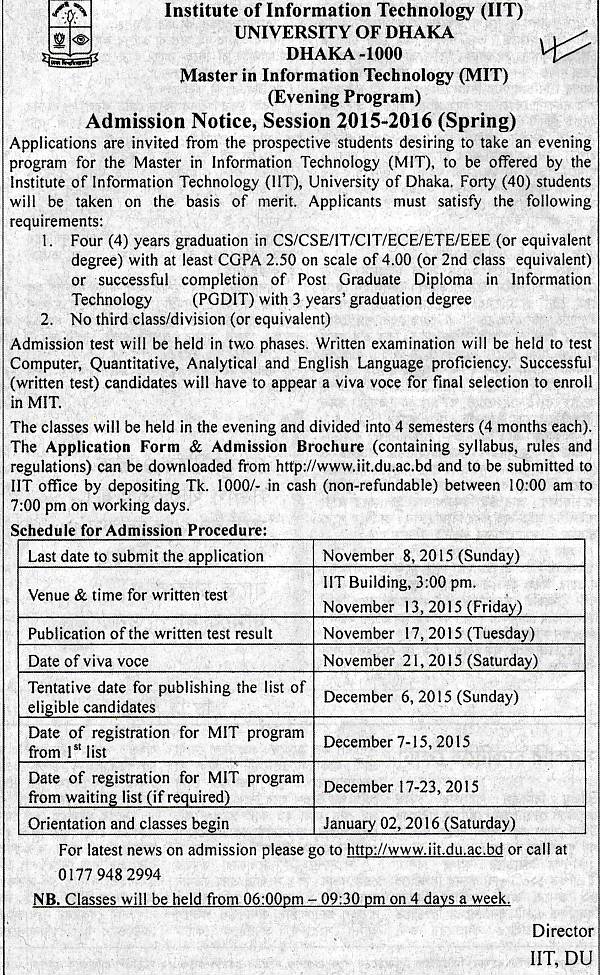 All Admission info BD: Admission Notice DU IIT Masters in IT