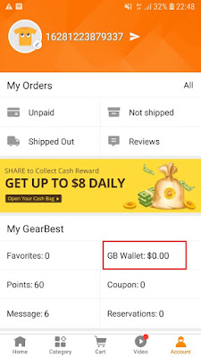 cara mengaktifkan GB Wallet dari aplikasi GearBest Android