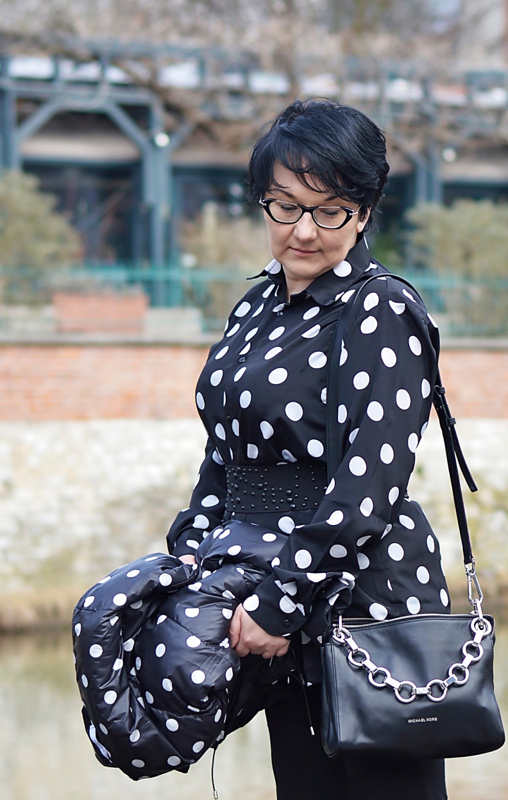 Michael Kors bag, polka dots, black and white style
