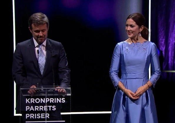 Crown Princess Mary wore Cecilie Bahnsen satin dress and RUPERT SANDERSON Pinka embellished-pebble satin pumps