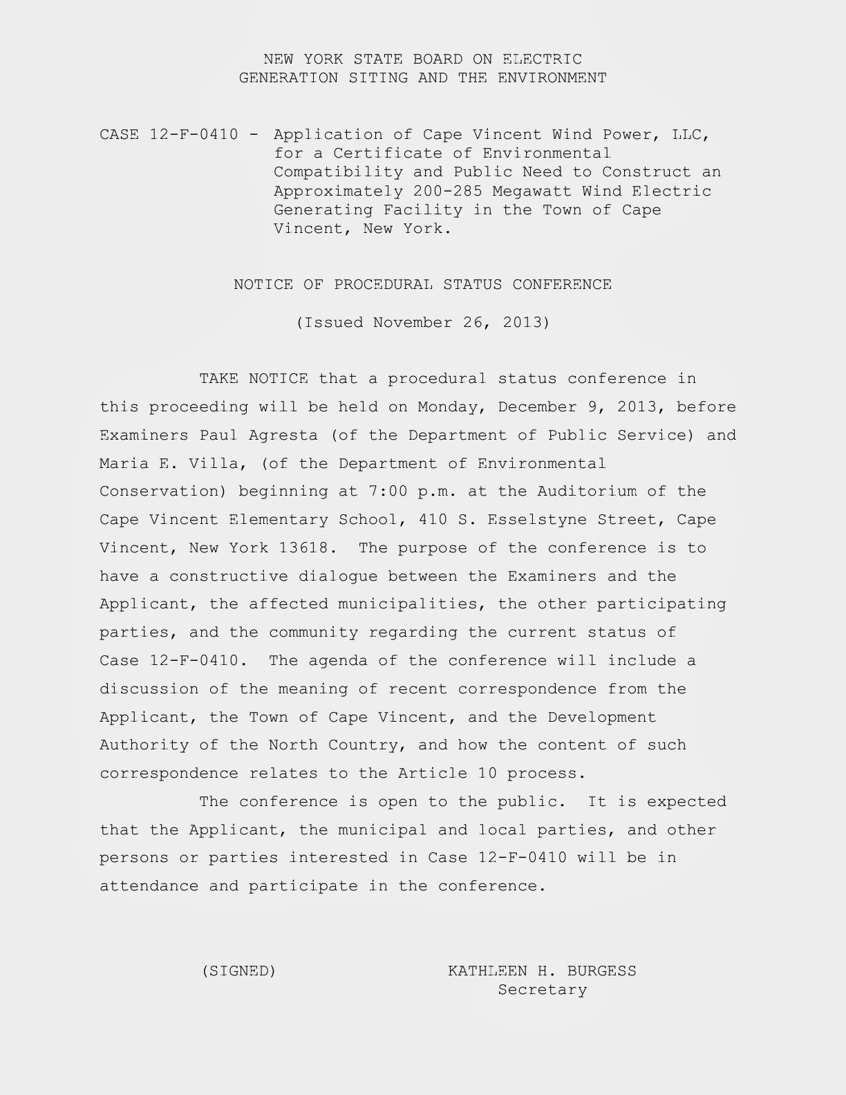 Cape Vincent Wind Farm PSC site Sec. Burgess Announces Cape