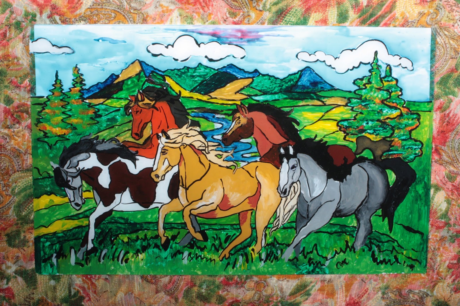 My space for new creations Horses in the valley glass painting in
