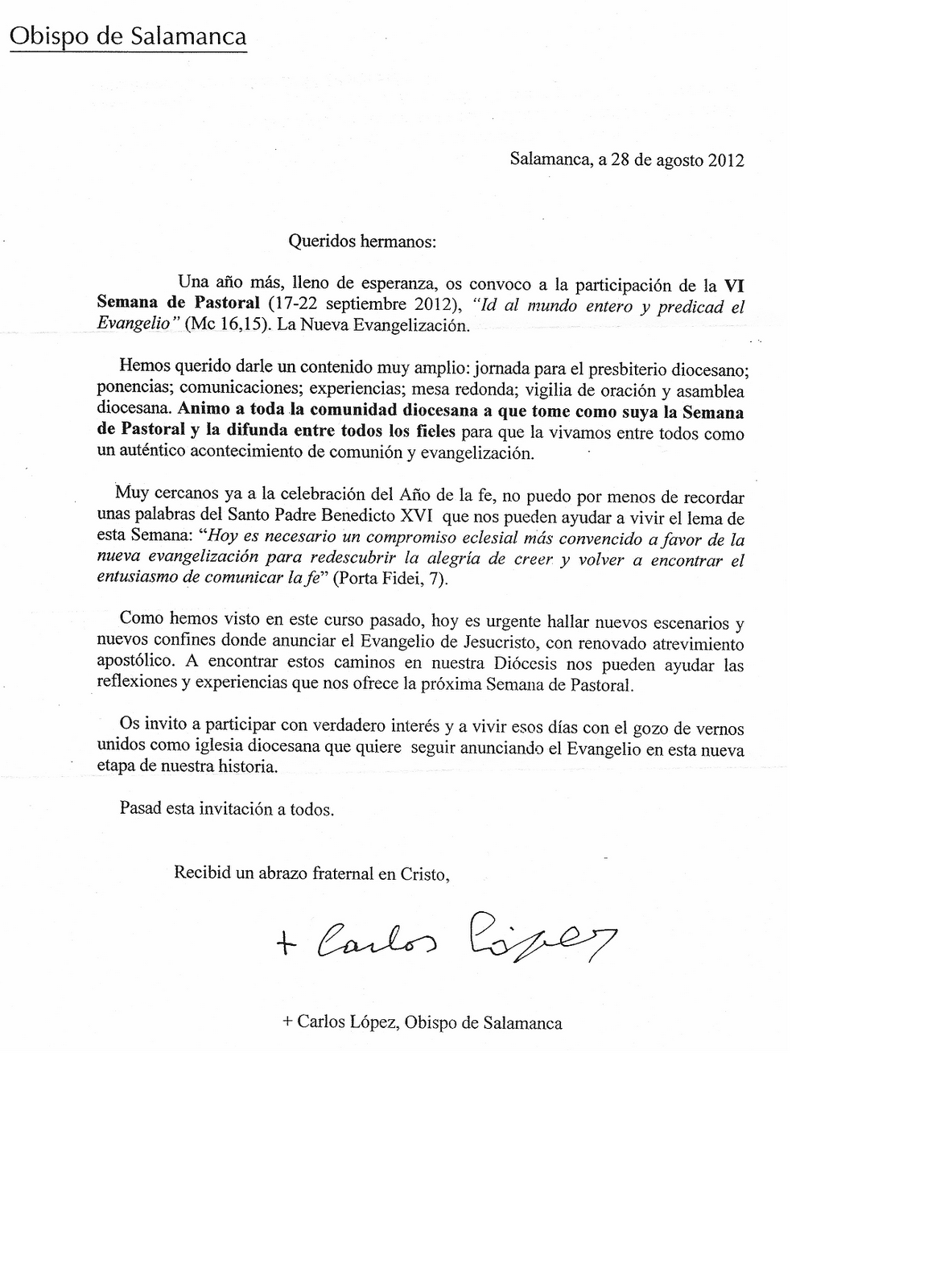 UNIDAD DE ACCIÓN PASTORAL SAN MATEO Y LA ANUNCIACIÓN CARTA DEL OBISPO