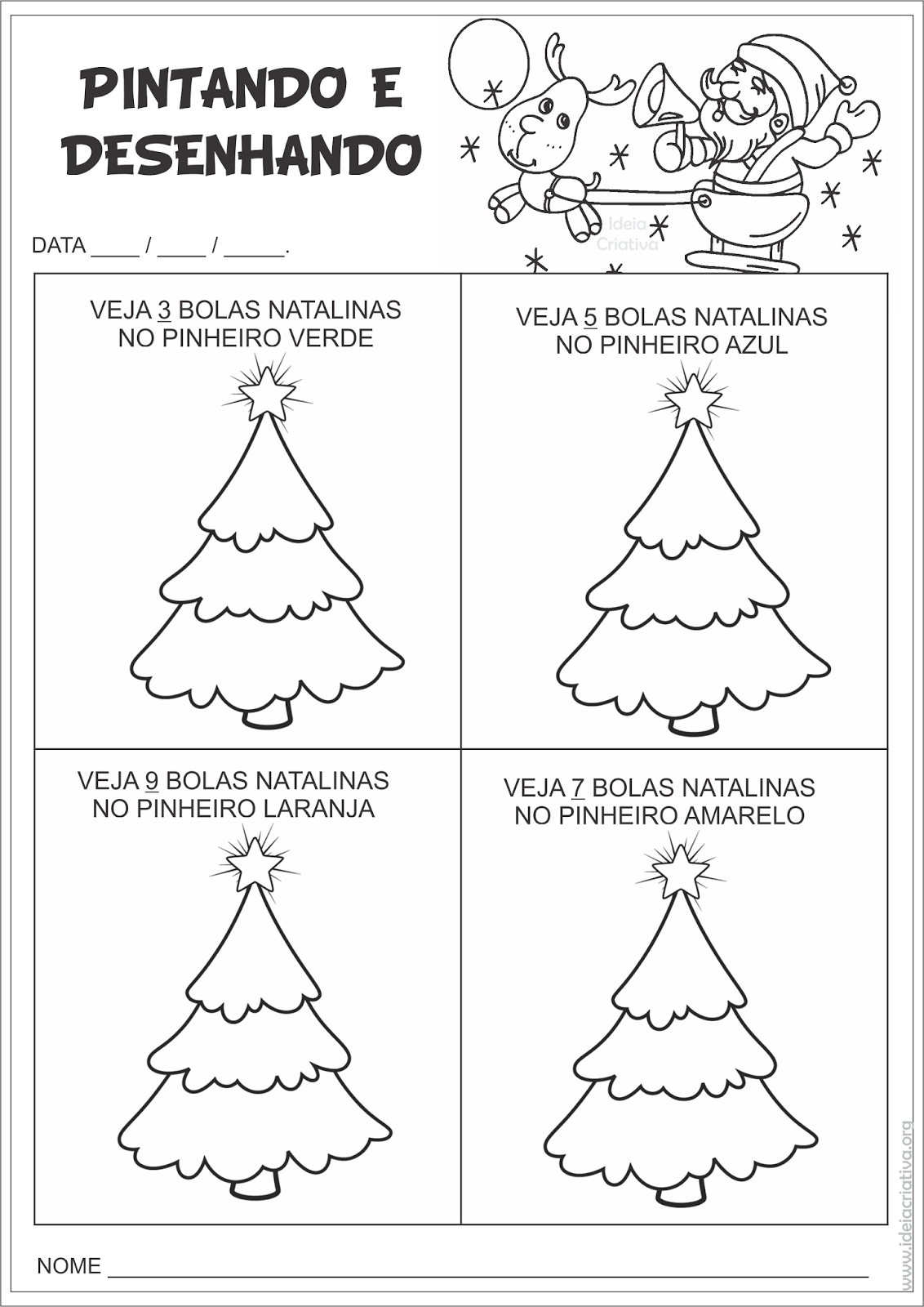 Atividades com Numerais de 1 a 5 – Pinte desenhos de Natal