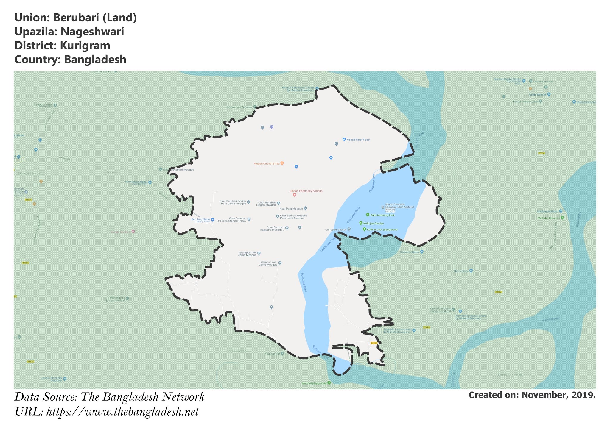Map of Berubari of Kurigram, Bangladesh.