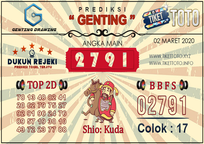Prediksi Togel GENTING DRAWING TIKETTOTO 02 MARET 2020
