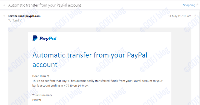 PayPal India funds automatic funds transfer email