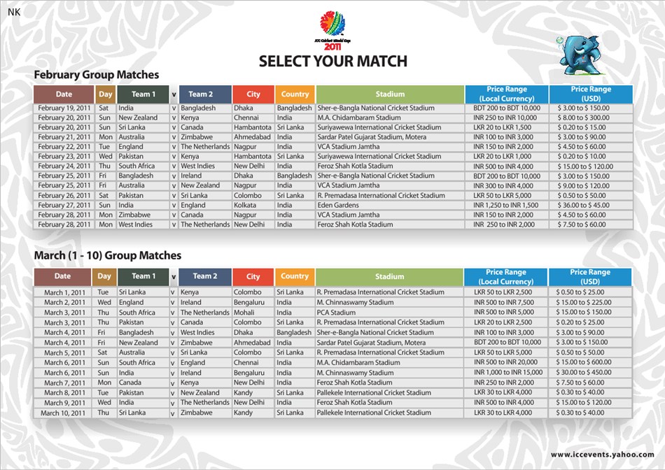 live score, icc cricket world cup schedule 2011 & time table,