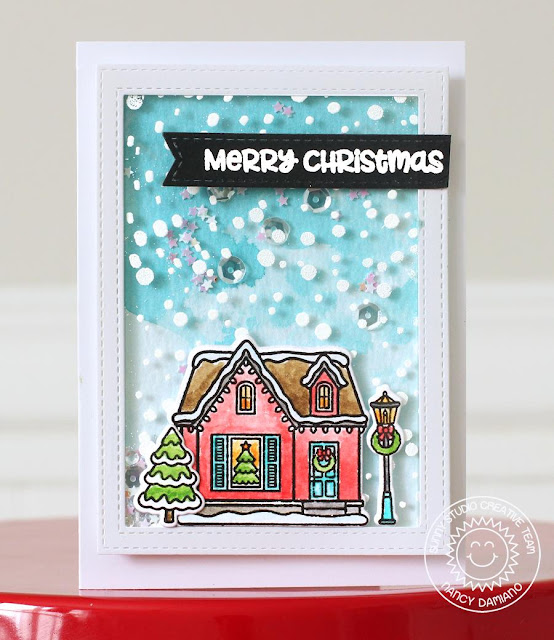 Sunny Studio Stamps: Frosted Flurries Winter Themed Shaker Box Card by Nancy Damiano